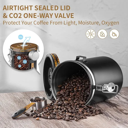 Vista 4 de Contenedor de café de 60.9 fl oz para almacenamiento de granos de café, recipientes herméticos de acero inoxidable para cocina, contenedor