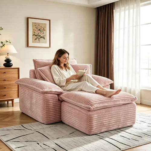 Vista 10 de Tumbona de 47 pulgadas para interiores, moderno sofá cama sin huesos con otomana, silla de asiento profundo con almohadas, cómodos sofás seccionales