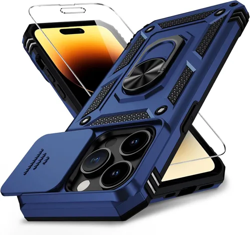 Vista 11 de Funda para iPhone 14 con cubierta para lente de cámara, protector de pantalla HD, protección contra caídas de grado militar de 10 pies, soporte