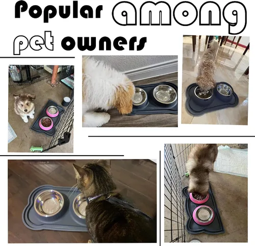 Vista 7 de Juego de cuencos de acero inoxidable para perros con alfombrilla de silicona, 100% impermeable, sin BPA, cuencos de comida para gatos y perros, sin