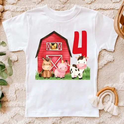 Vista 2 de Barnyard - Camisa de cuarto cumpleaños de animales de granja, camisa de cumpleaños de 4 años, camisa de cumpleaños de granja para fiesta
