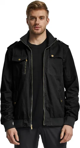 Vista 3 de Wantdo Chaqueta militar para hombre, chaqueta bomber casual, cuello alto, chaqueta de lona cortavientos