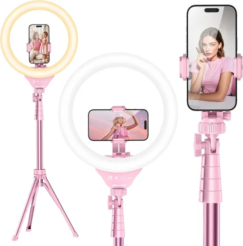 Vista 9 de UBeesize - Anillo de luz para selfie con trípode y soporte para teléfono celular para transmisión en vivo/maquillaje, mini luz LED para cámara