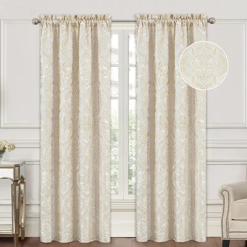 Vista 37 de Loom and Mill - Cortinas de lujo de jacquard para dormitorio, cortinas de damasco beige de 2 paneles con alzapaños, elegante cortina de ventana