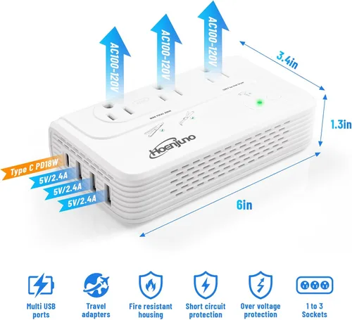 Vista 5 de Convertidor de voltaje de 2000 W para secador de pelo, convertidor de 220 V a 110 V para rizador, alisador con 3 salidas de CA y 4 puertos USB