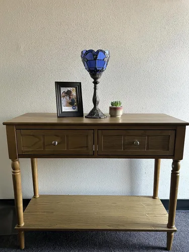 Vista 6 de Tiffany - Mini lámpara de mesa con antorcha azul, estilo barroco, lavanda, vitral, incluida, bombilla LED para sala de estar, comedor, dormitorio