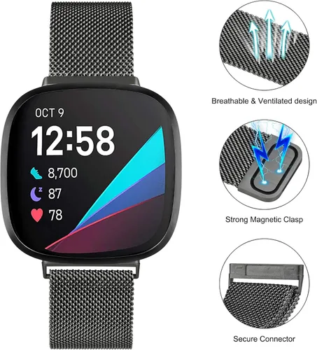 Vista 4 de Amzpas Bandas compatibles con Fitbit Versa 3/4 Fitbit Sense/Sense 2, correa magnética ajustable de acero inoxidable transpirable para Fitbit Versa