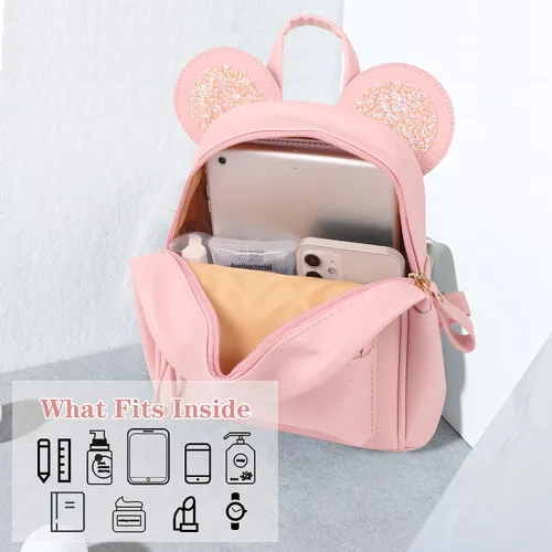 Vista 4 de Mini mochila de cuero con lentejuelas y orejas de ratón para niñas, mochila pequeña, regalo para adolescentes y niñas pequeñas, Rosado, Mochilas