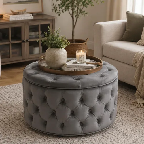 Vista 14 de Homebeez Otomana de Almacenamiento Redonda de Terciopelo de 28 Pulgadas, Taburete Reposapiés con Capitoné de Botones Mesa de Centro para Sala