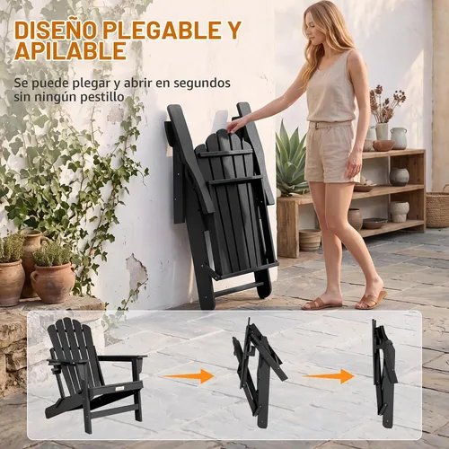 Vista 5 de Silla Adirondack plegable de gran tamaño, silla para hogueras de HDPE Negro