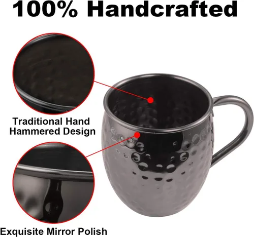 Vista 5 de DUNCHATY Moscow Mule - Juego de 4 tazas de regalo negras de acero inoxidable martillado sólido puro para beber, 16 onzas, seguro para alimentos