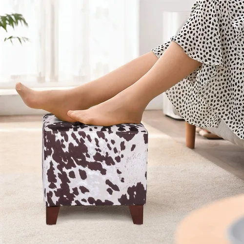 Vista 2 de Reposapiés otomano en forma de cubo, reposapiés cuadrado, banco pequeño para zapatos, silla de tocador con patas antideslizantes (vaca marrón)