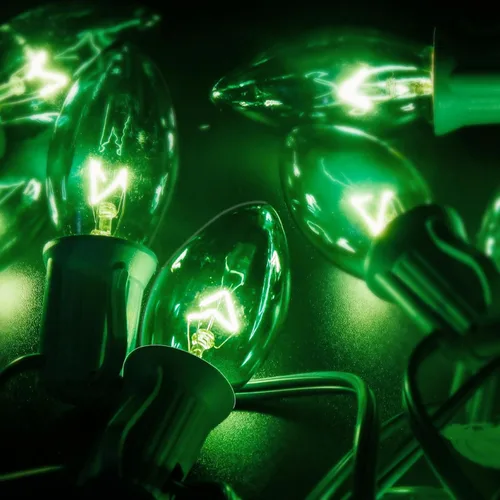Vista 4 de Paquete de 25 bombillas de repuesto C9 verdes incandescentes, bombillas de Navidad C9 para patio, decoración del día de San Patricio, Navidad, base