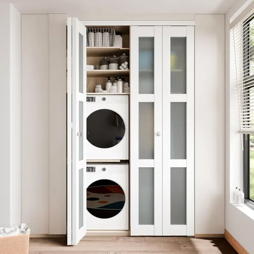 Vista 3 de BARNER HOME Puerta Bi-Fold, para apertura de 28 in. x 80 in., panel de vidrio templado esmerilado de 3 luces con kit de herrajes, MDF, puerta
