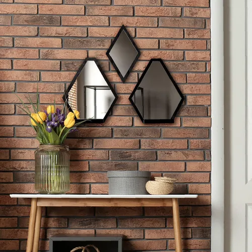 Vista 3 de JACKCUBE MK689A - Juego de 3 espejos decorativos de pared de madera rústica geométrica con estante para dormitorio, baño, sala de estar, cocina