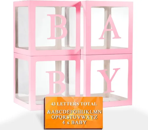 Vista 23 de Ledido - Cajas de globos transparentes con 60 letras y números para nombre personalizado 4 PCS Black Clear Baby Balloon Boxes Blocks Backdrop for