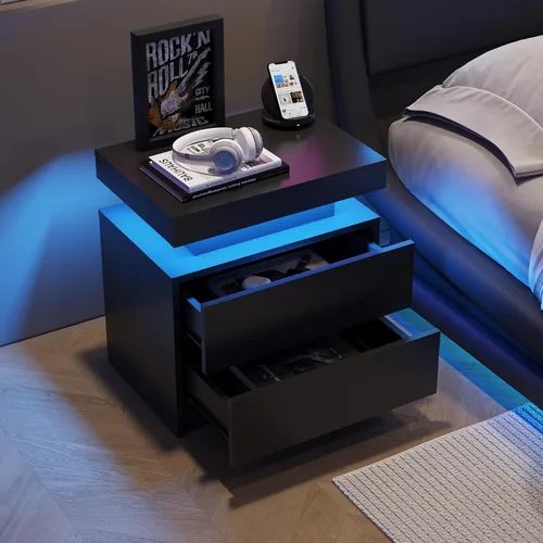 Vista 6 de Juego de 2 mesitas de noche LED negras, juego de 2 mesitas de noche modernas con 2 cajones, mesa auxiliar con luces LED para dormitorio, sala