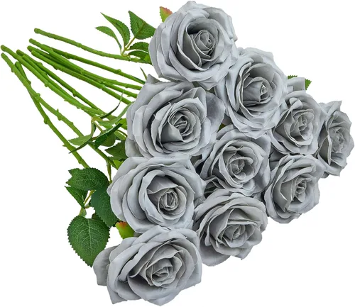 Vista 45 de 10 rosas artificiales abiertas, tallos de rosas artificiales para arreglos de boda, ramo de novia, centro de mesa, flores de seda sintética falsas