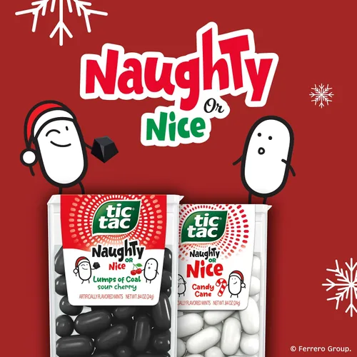 Vista 6 de Tic Tac Mentas Maliciosas o Amables, Pepitas de Carbón Sabor Cereza Ácida, 4 Paquetes de Botella, Refresco Para Llevar, Regalos de Navidad, 82 g