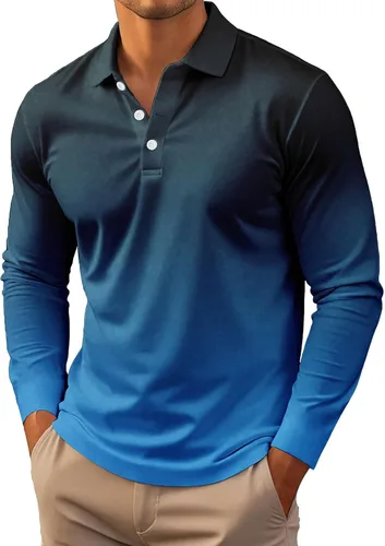 Vista 16 de Polo degradado para hombre, manga larga, con botones, cuello ligero, para golf y tenis