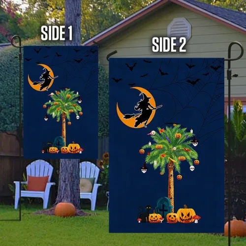 Vista 5 de Bandera de brujería de Halloween de Carolina del Sur, calabazas, palmeras, Carolina del Sur, bandera de jardín de Halloween