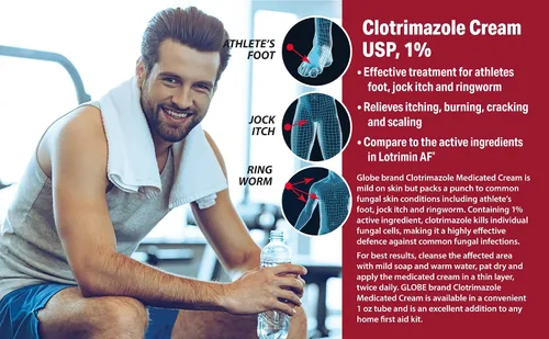 Vista 3 de Globe Clotrimazole Crema Antifúngica 1% (0.5 oz) alivia la picazón, ardor, agrietamiento y descamación asociados con infecciones fúngicas