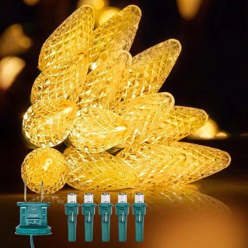 Vista 11 de Luces LED C9 de Navidad para exteriores, 34 pies, 50 LED, impermeables, decoraciones navideñas de fresas, luces de cadena, enchufables, luces