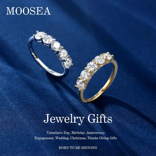 Vista 2 de Anillos de moissanita de 5 piedras para mujer, 0.157in, color D, claridad VVS1, anillos de aniversario de diamantes creados en laboratorio, oro