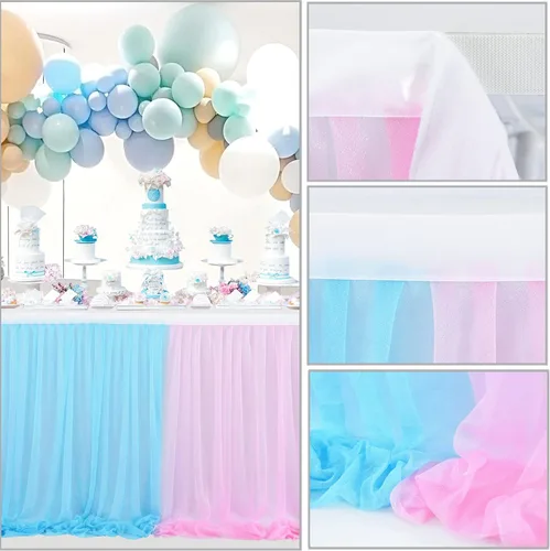 Vista 9 de Falda de mesa de revelación de género, falda tutú de tul rosa y azul de 9 pies para revelación de género para niños o niñas, fiesta de cumpleaños