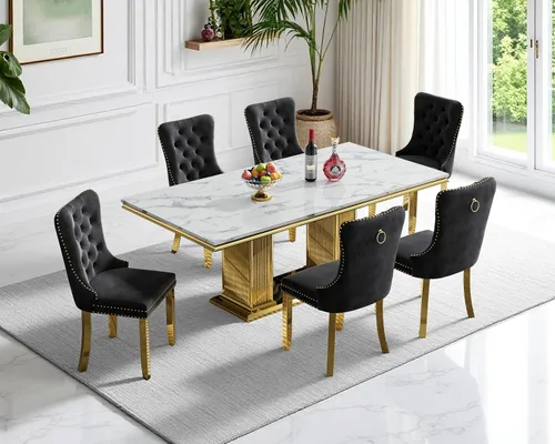 Vista 44 de Juego de 4 mesas de comedor blancas y doradas, mesa de cocina rectangular de 68 pulgadas con parte superior de mármol sintético blanco, mesa de Mesa