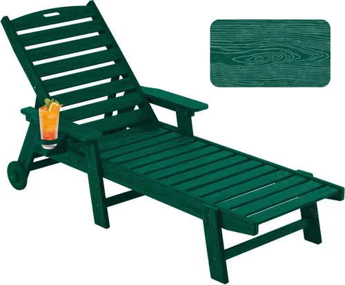 Vista 19 de Chaise Lounge Chair al aire libre con ruedas, silla de patio de gran tamaño con textura de madera, silla de plástico de 5 posiciones para piscina