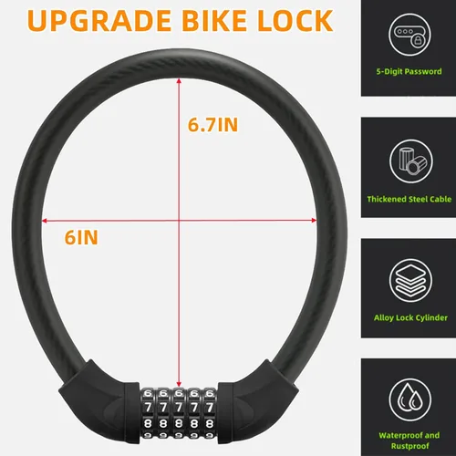 Vista 6 de Cerradura de bicicleta, cerradura de cable antirrobo portátil negro, cerradura de bicicleta de combinación de 5 dígitos de alta seguridad, cerradura