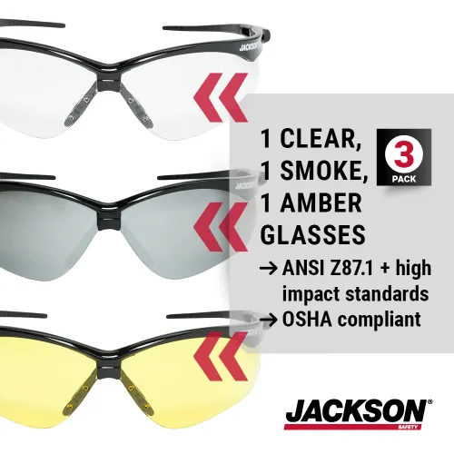 Vista 6 de Jackson Safety SG - Lentes de seguridad para hombres y mujeres, lentes antiarañazos con marco negro, ANSI Z87.1, paquete de 3 (varios estilos)