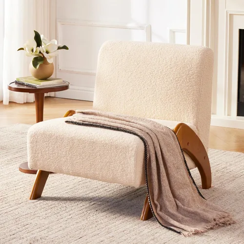 Vista 5 de Silla decorativa de gran tamaño, tapizada sin brazos de mediados de siglo, moderna silla de sala de estar con patas de madera para dormitorio Beige