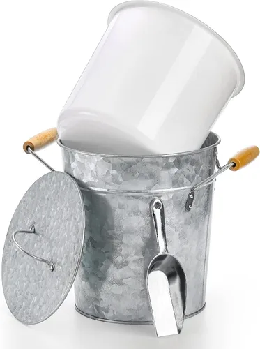Vista 3 de Frcctre Farmhouse - Cubo de hielo de 4 litros con tapa, bañera de metal galvanizado para bebidas con cuchara y asas, enfriador de bebidas y vino