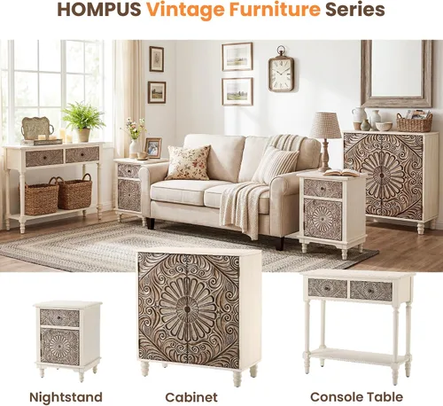 Vista 9 de HOMPUS - Mesa de noche blanca con cajón y almacenamiento, mesa de noche con motivo floral completamente ensamblada para espacios pequeños, mesa