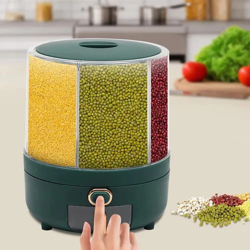 Vista 2 de PERFERATE Dispensador de granos de 6 rejillas, contenedor de arroz giratorio de 360°, dispensador de cereales, contenedor de almacenamiento