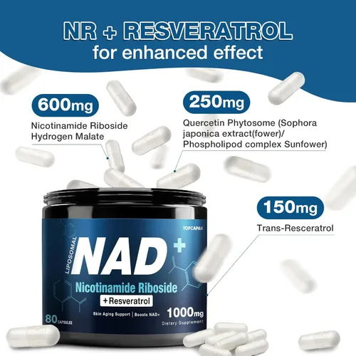 Vista 6 de Suplemento NAD+ de 1000mg - Ribósido de nicotinamida (NR) y resveratrol, NAD liposomal de ingredientes orgánicos puros para mujeres y hombres