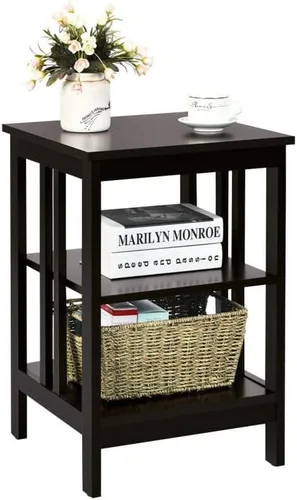 Vista 13 de Mesa auxiliar con estante de almacenamiento de 3 niveles para sala de estar, dormitorio, marco de madera estable, fácil montaje (negro, 1 unidad)