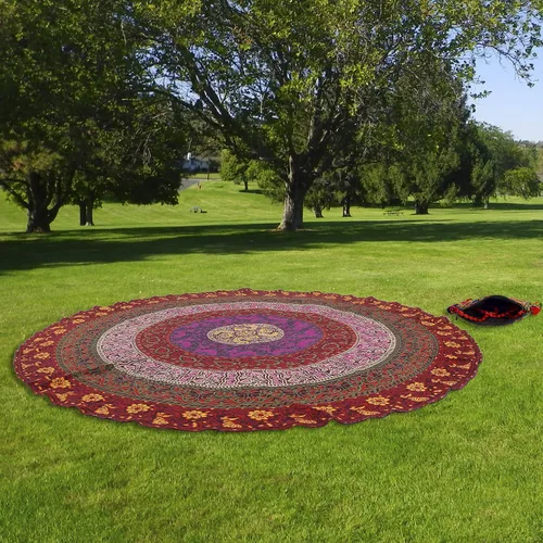Vista 5 de RAJRANG - Tapiz redondo pequeño, diseño de mandala de chakras, bohemio, hippie, manta de playa de algodón puro para picnic y campamento, multicolor