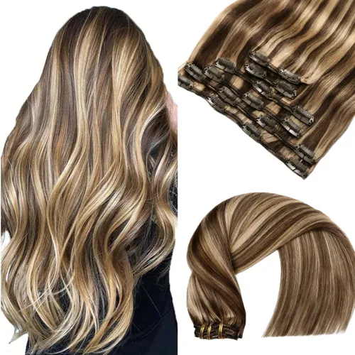 Vista 34 de VINBAO Extensiones de cabello humano con clip, balayage, color marrón ceniza a rubio caramelo, 14 pulgadas, 6 unidades, 3.53 onzas, 6