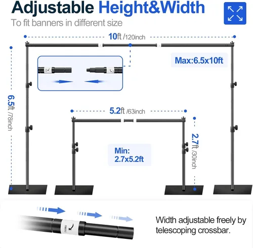 Vista 2 de Soporte para Telón de Fondo EMART, 6.5 x 10 pies, Ajustable, Kit de Tubo y Telón para Fotografía con Base Plana de Metal Resistente para Fiestas