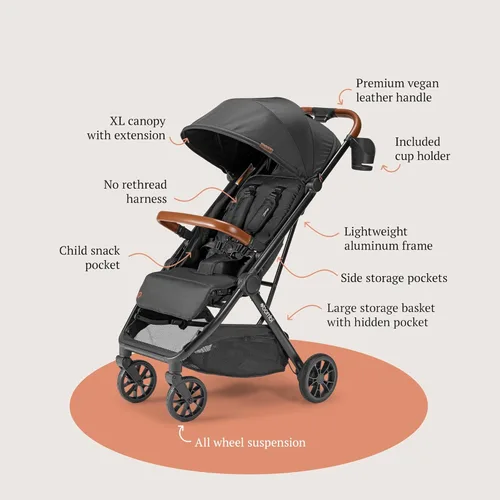 Vista 9 de Bombi Bēbee V2 Cochecito de Bebé Ligero - Cuero Vegano Premium, Plegado con Una Mano, Reclinación Infinita, Marco de Aluminio Grado Aeronáutico