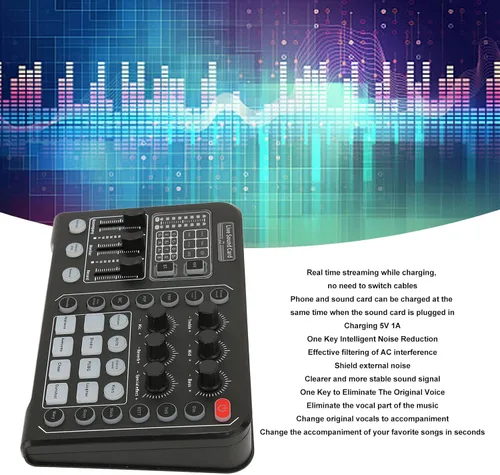 Vista 2 de Diydeg Tarjeta de sonido externa en vivo, mezclador de audio profesional, cambiador de voz con afinación electrónica de 12 pasos, reducción