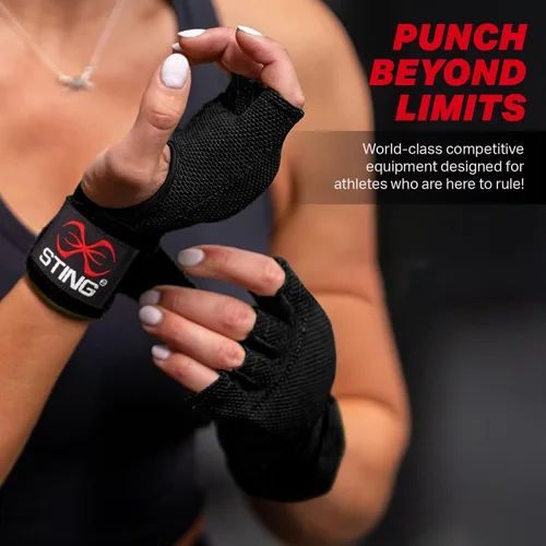 Vista 6 de STING Guantes elásticos de boxeo rápido, color negro, pequeño, tela de compresión semielástica con sección acolchada de nudillos, paneles de dedos