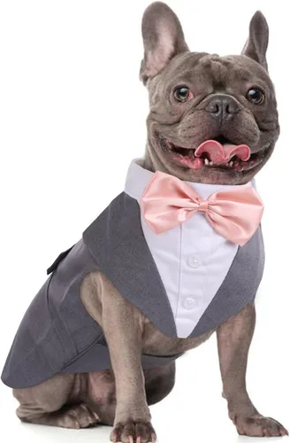 Vista 21 de DORA BRIDAL Esmoquin para perros pequeños, traje de perro y corbatín, traje formal de boda para perros, conjunto de esmoquin y bandana para Negro