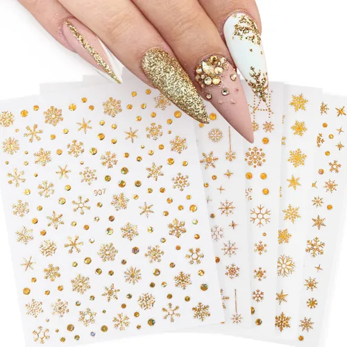 Vista 4 de 12 hojas de calcomanías de arte de uñas de copo de nieve de Navidad, suministros de uñas doradas, calcomanías de uñas de copo de nieve, copos