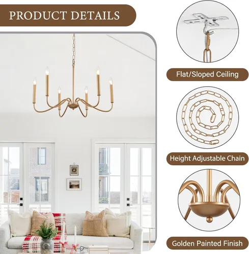 Vista 3 de Candelabro de 6 luces enchufables, lámpara colgante con cable de enchufe de 15.1 pies e interruptor, candelabros dorados enchufables para comedor