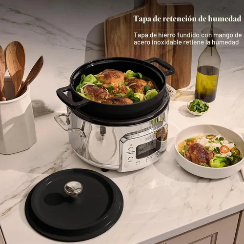 Vista 4 de All-Clad Olla de cocción lenta eléctrica 7 en 1 de 5 cuartos de galón con acero inoxidable y hierro fundido, 1200 W - Olla esmaltada negra