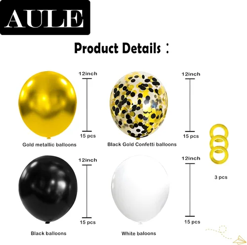 Vista 2 de AULE Globos de látex metálicos dorados y blancos de alta calidad, paquete de 60 globos de confeti de 12 pulgadas y oro negro con cintas doradas